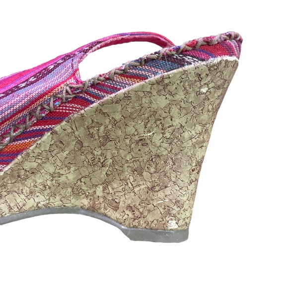 Seychelles Pink Stripped Canvas Bo Peep Toe Slingback Cork Wedges Women Size 7.5 - Picture 8 of 14